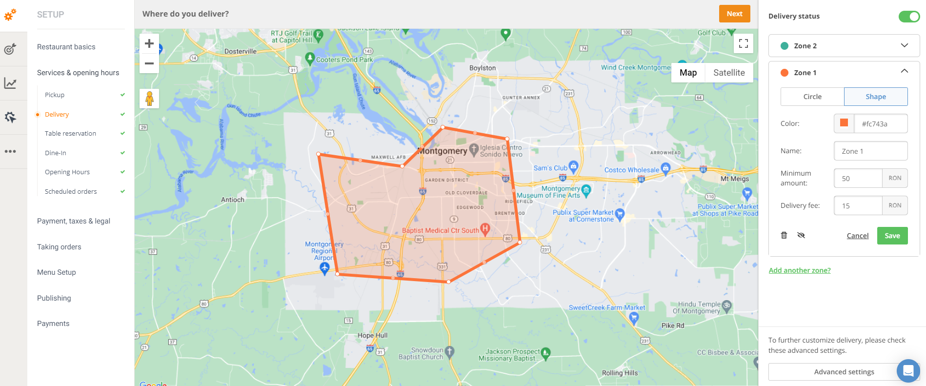 restaurant delivery fee